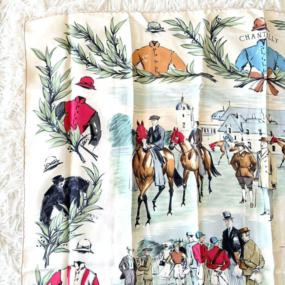 【美品】HERMES エルメ スカーフ カレ90 競馬場 シルク 箱付 ベージュ