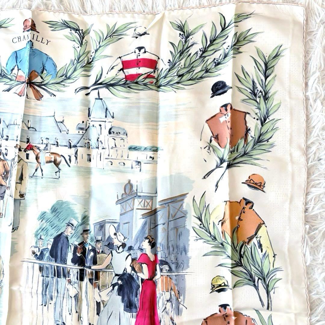 【美品】HERMES エルメ スカーフ カレ90 競馬場 シルク 箱付 ベージュ