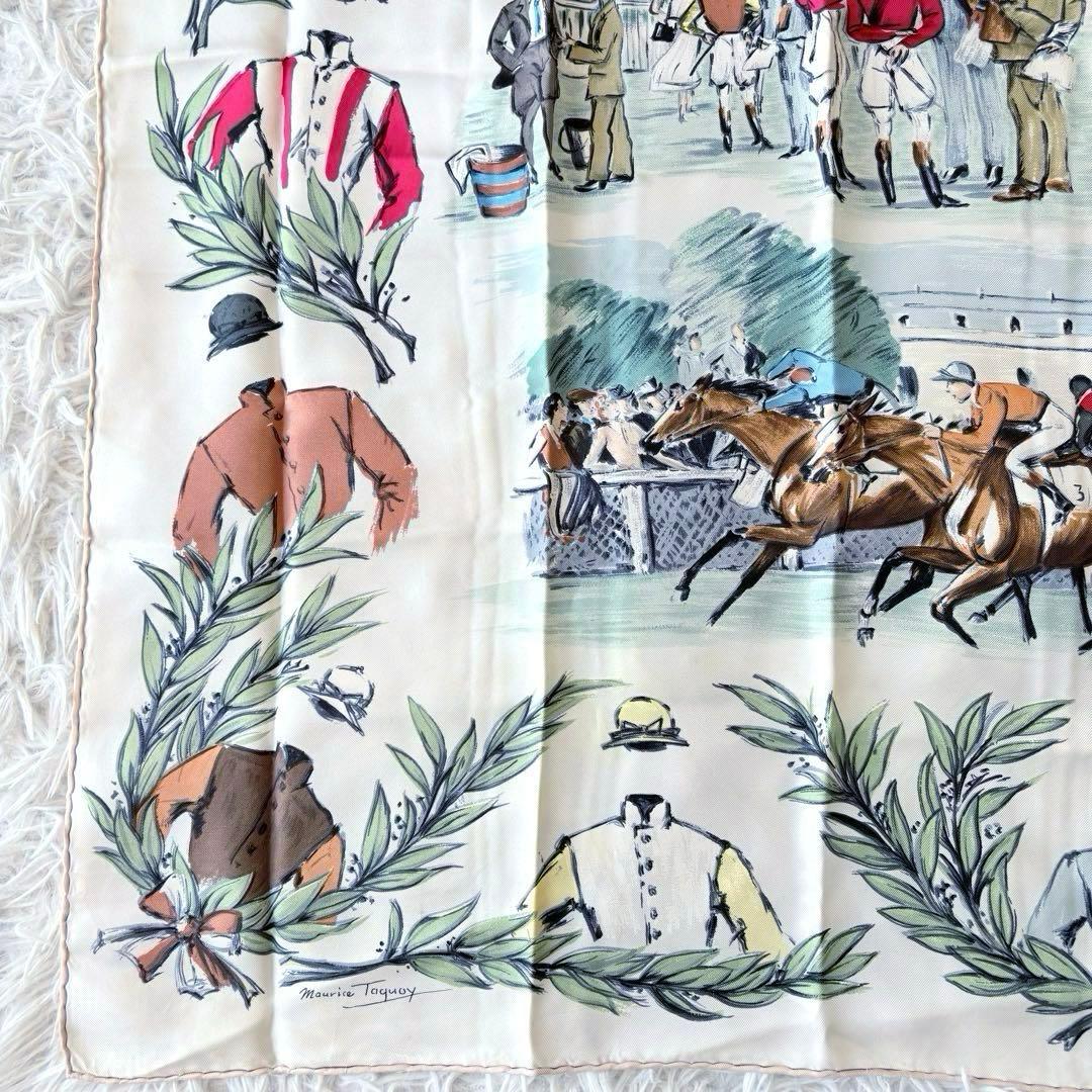 【美品】HERMES エルメ スカーフ カレ90 競馬場 シルク 箱付 ベージュ