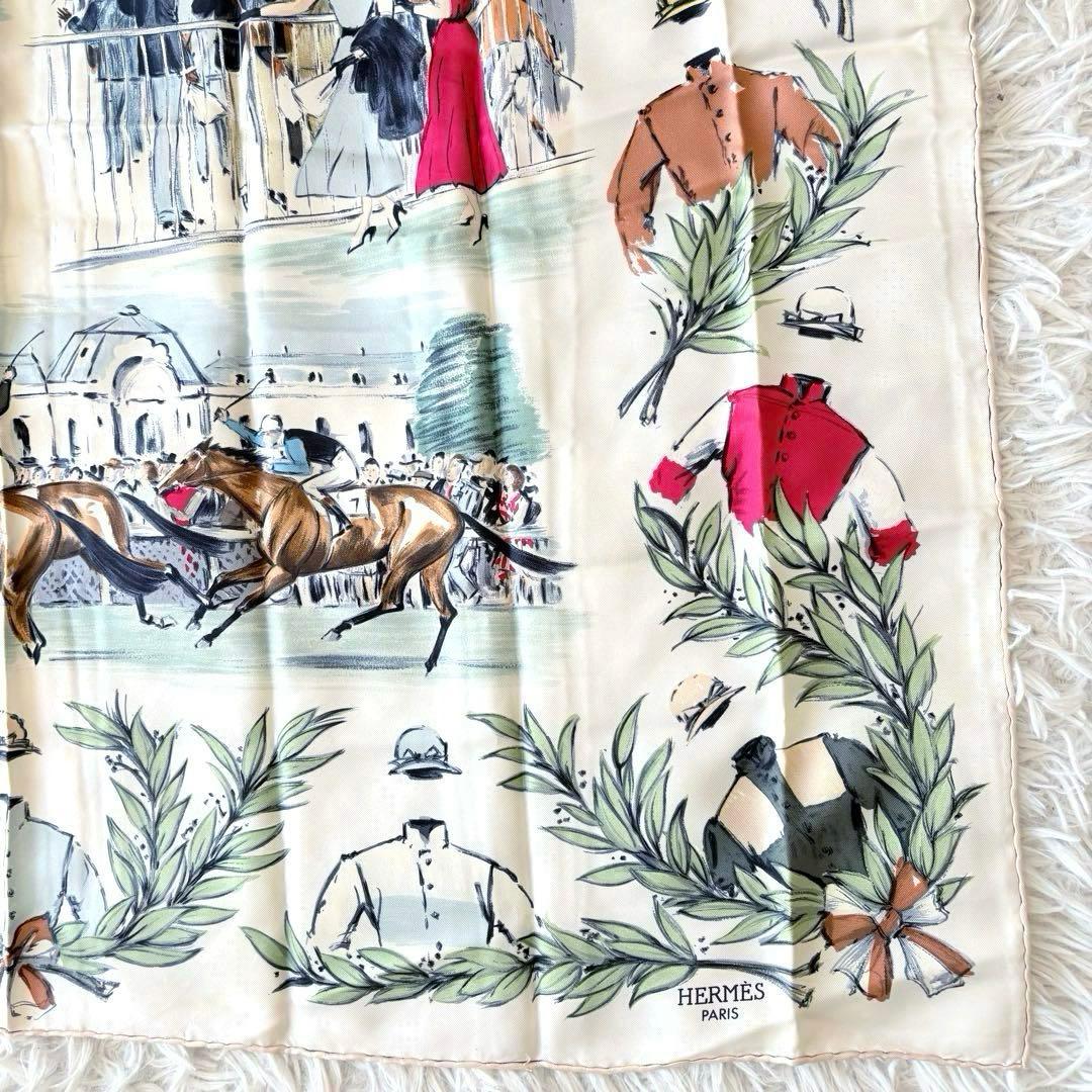 【美品】HERMES エルメ スカーフ カレ90 競馬場 シルク 箱付 ベージュ