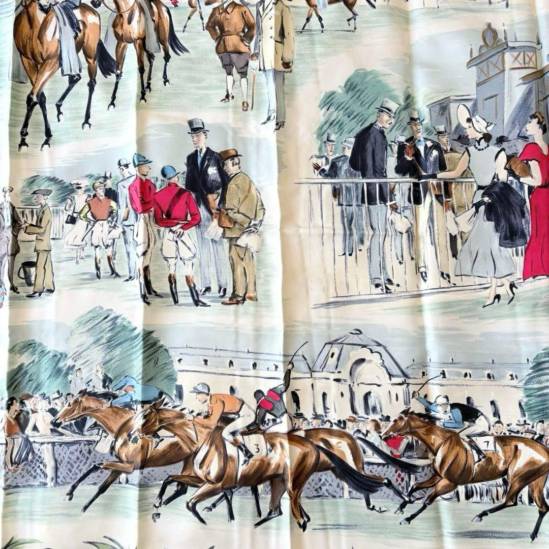【美品】HERMES エルメ スカーフ カレ90 競馬場 シルク 箱付 ベージュ