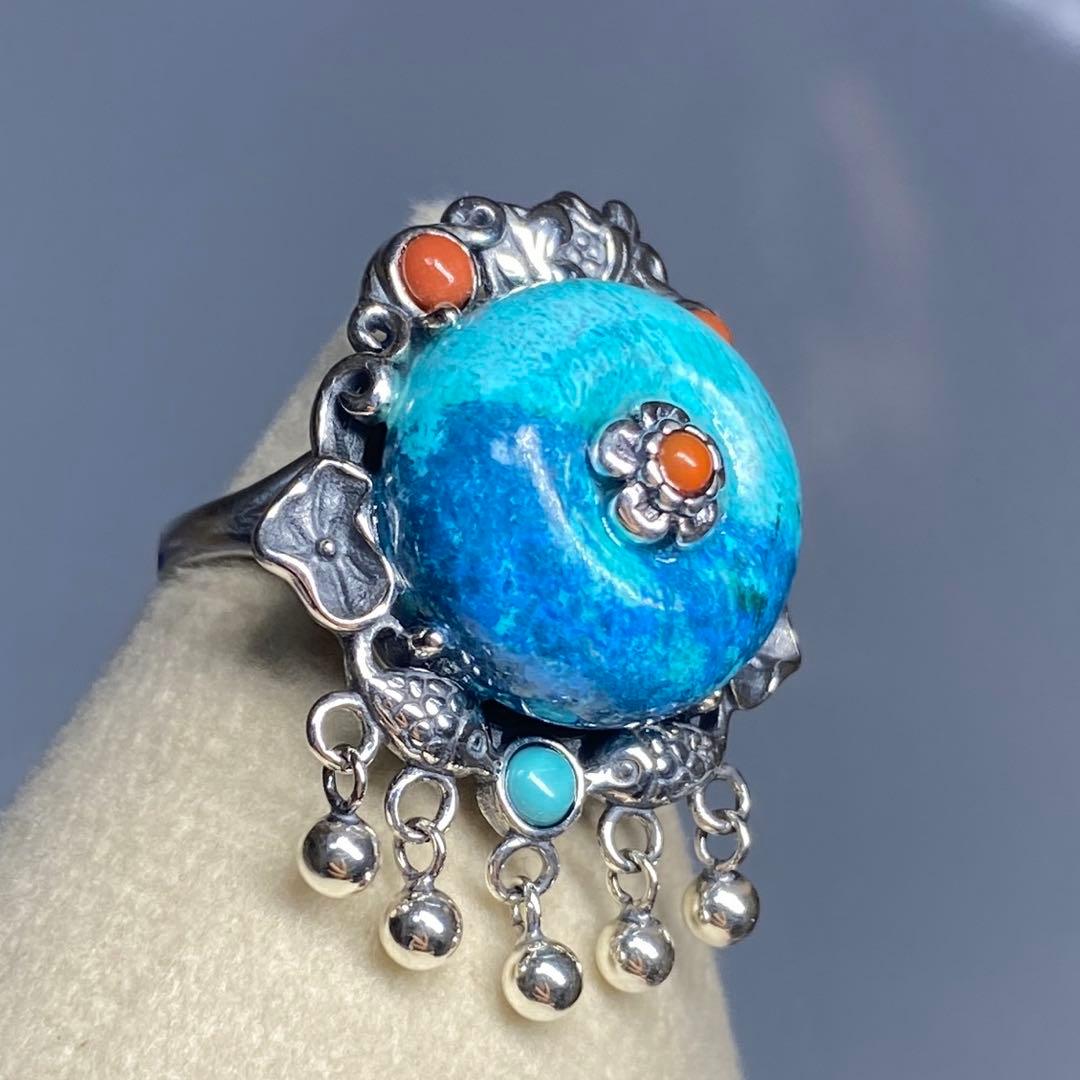 天然石リング　高品質クリソコラ　青　ナンホーンメノウ　SV925刻印