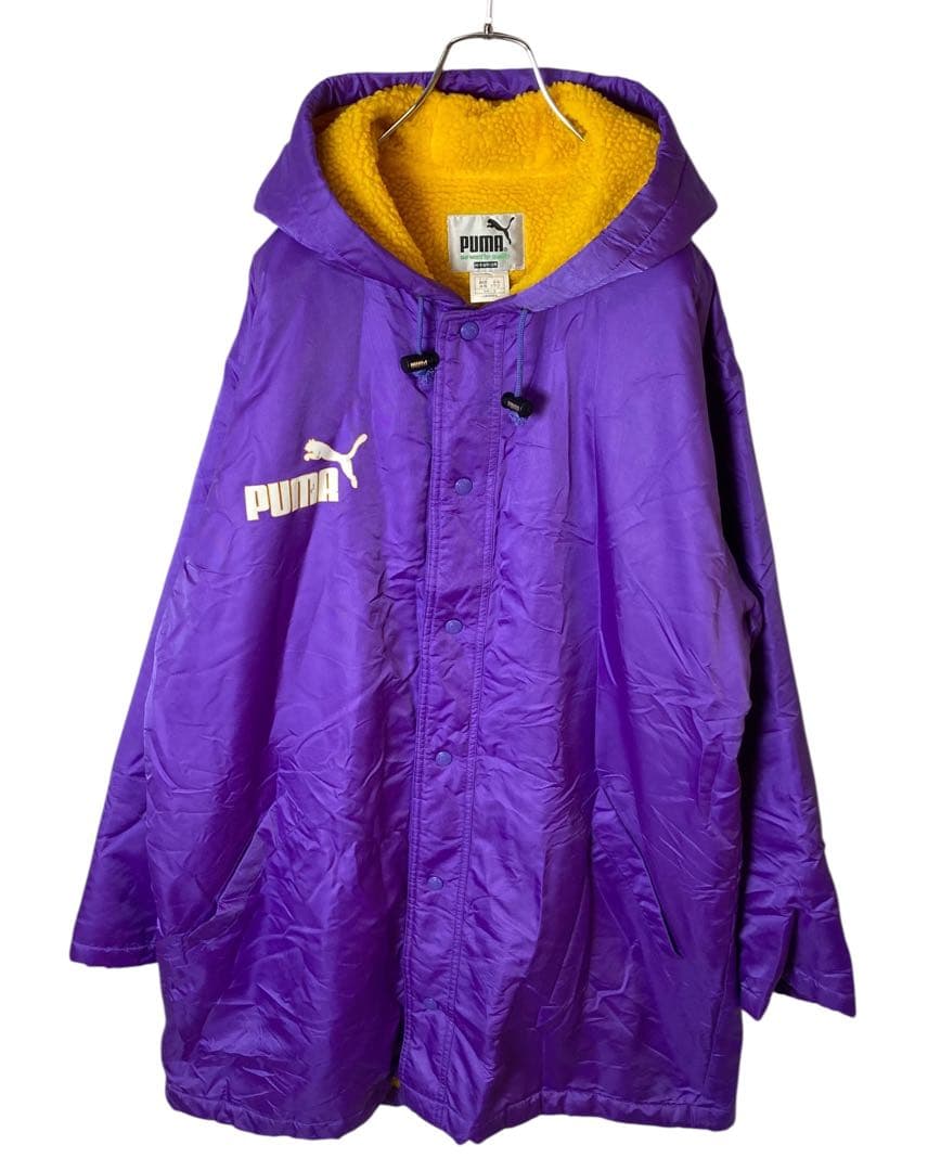 90s古着PUMAでかロゴ 裏ボア パープルナイロンベンチコート ビッグサイズ
