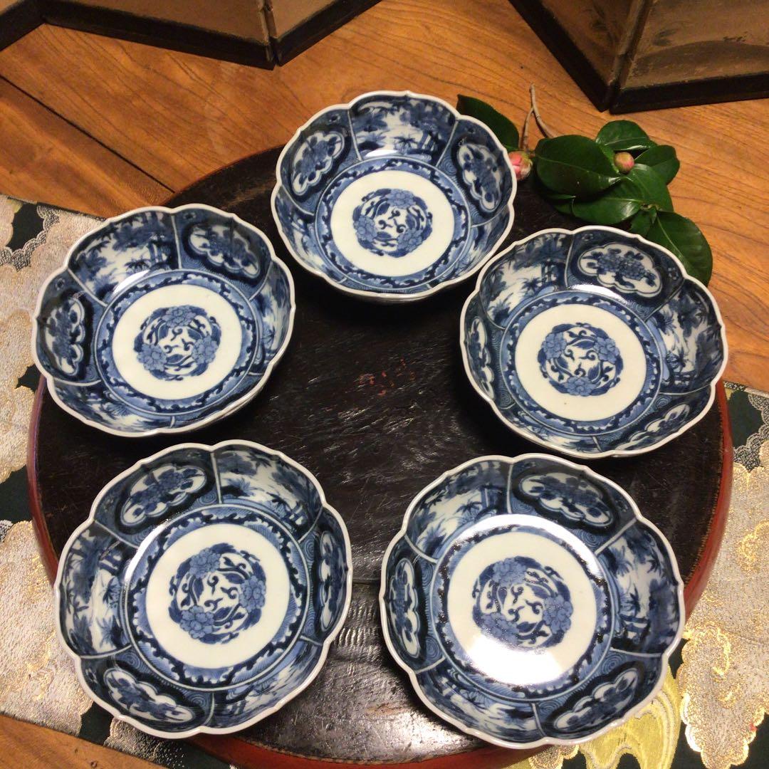 A197 古伊万里　染付見込牡丹唐草　窓絵松竹梅　花唐草　綾花形　膾皿　5客