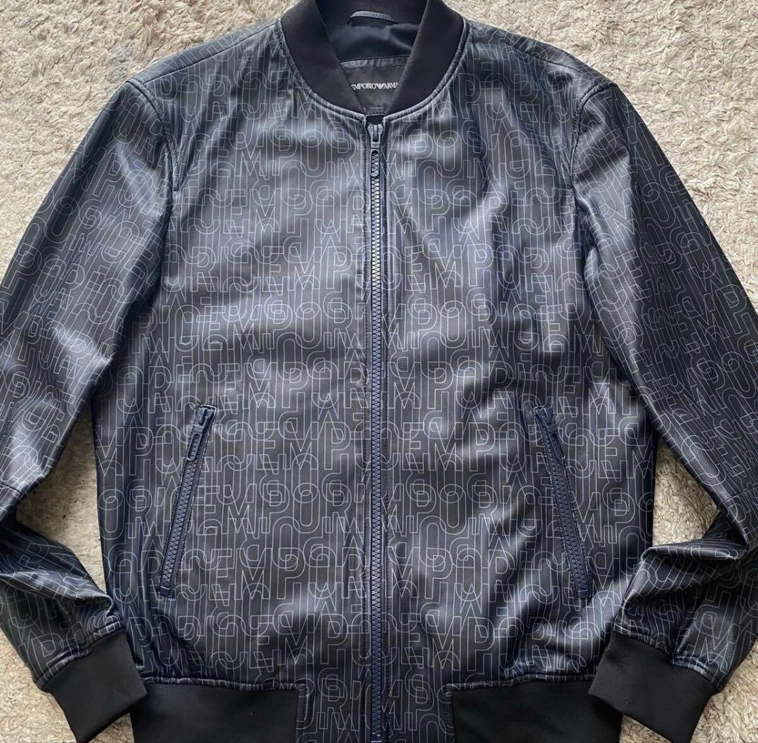 未使用に近い✨エンポリオアルマーニ レザージャケット ロゴ総柄 ブルゾン 黒