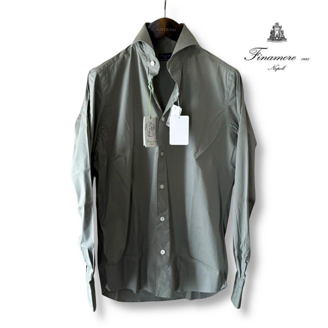 未使用/4.6万円/Finamore/オリーブ/ストレッチコットンシャツ