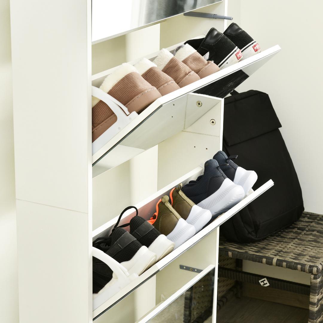 ホワイト 薄型 4段 シューズラック スリム シューズボックス 靴箱 下駄箱