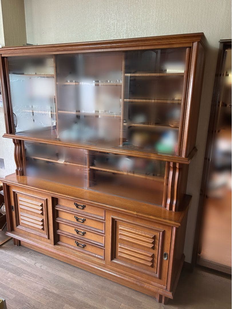 木製食器棚 ガラス扉付き 引き出し付き
