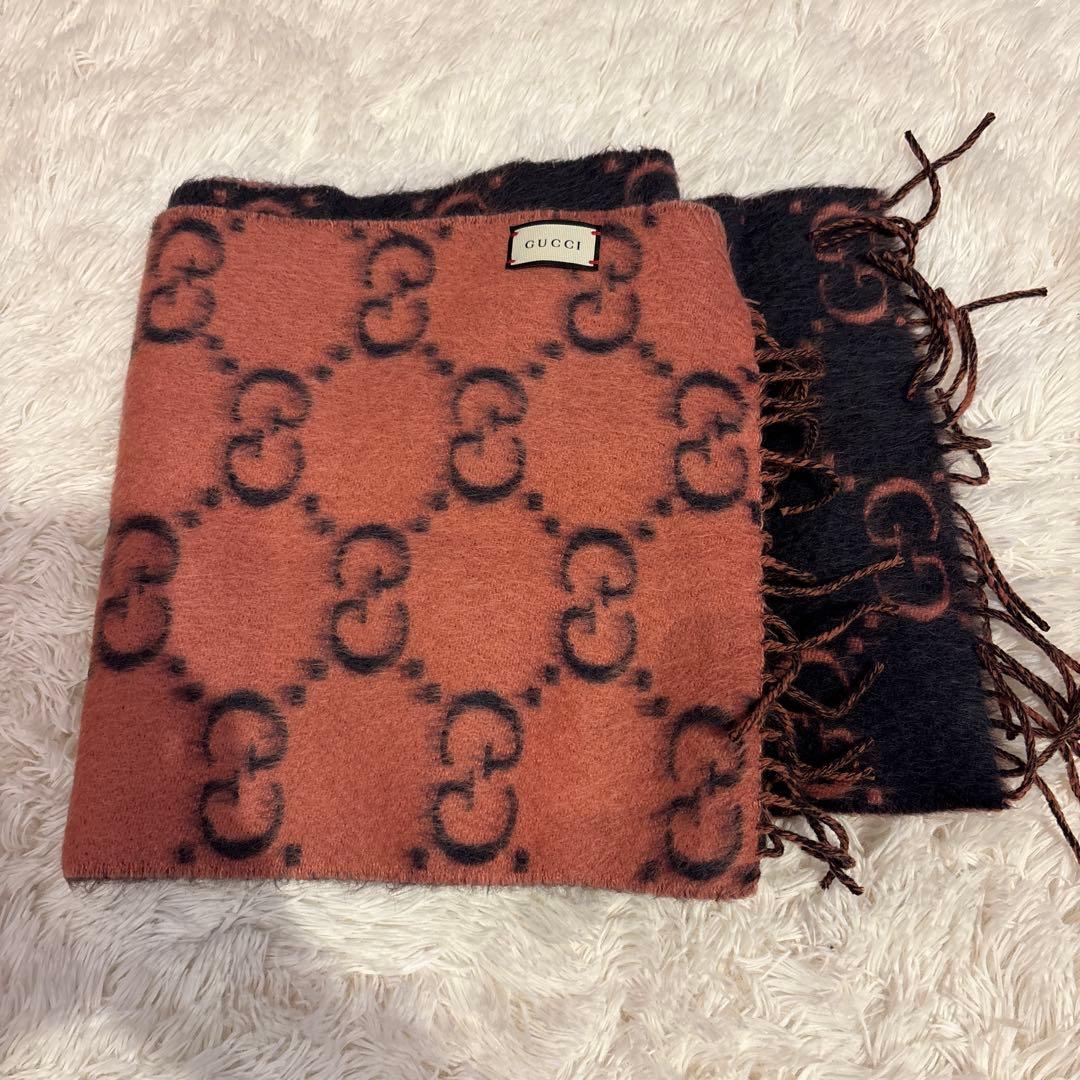 GUCCI GGロゴ マフラー ピンク/グレー リバーシブル アルパカ毛 美品