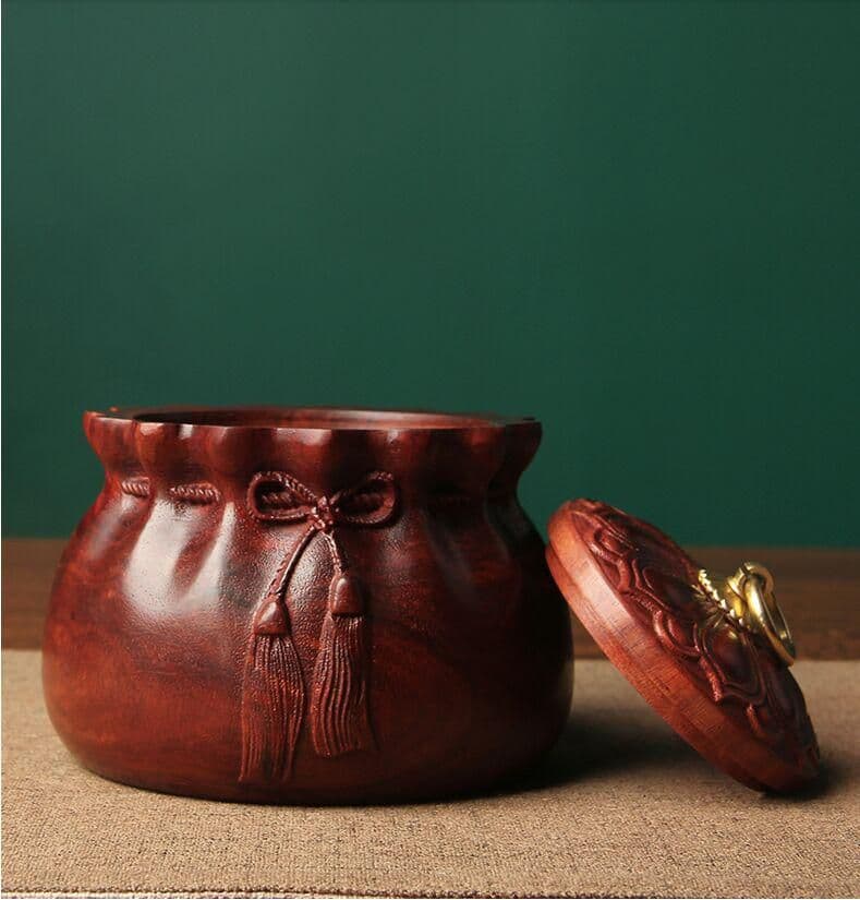 白檀の布袋の茶缶のトランペット家庭用復古住宅の置物携帯木製の密封茶缶の蓋