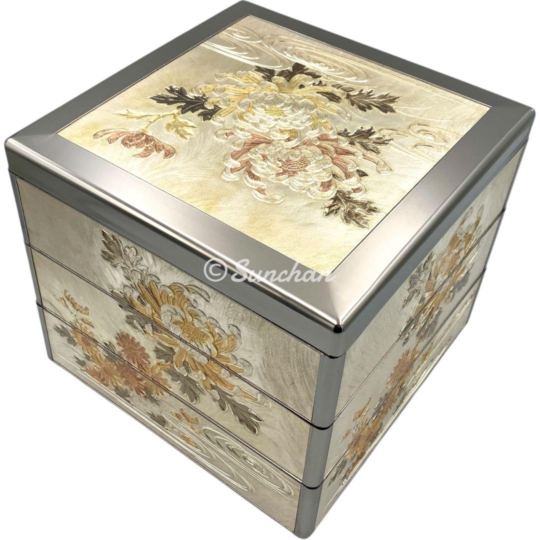 【希少品】 彫金 三段重 共箱 説明栞付き 御重箱 重箱 純金 純銀 銅仕上げ