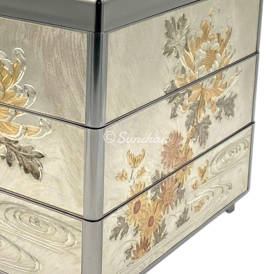 【希少品】 彫金 三段重 共箱 説明栞付き 御重箱 重箱 純金 純銀 銅仕上げ