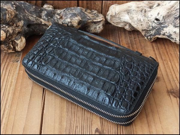 新年特価★ゴダン カイマンクロコワニ革 Wジッパー 長財布ベルト付 8055BK