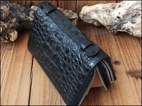 新年特価★ゴダン カイマンクロコワニ革 Wジッパー 長財布ベルト付 8055BK