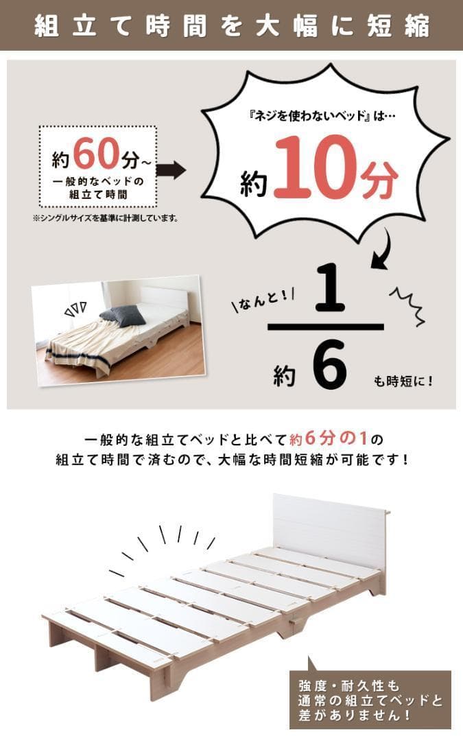 簡単10分組立て！ネジ不要 すのこベッド　シングル【一年保証付】