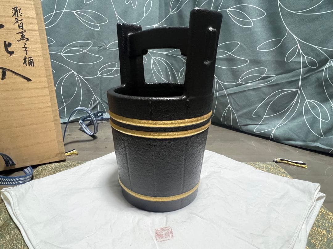 紀州焼葵窯 寒川栖豊 那智黒手桶花入 珍品 茶道具