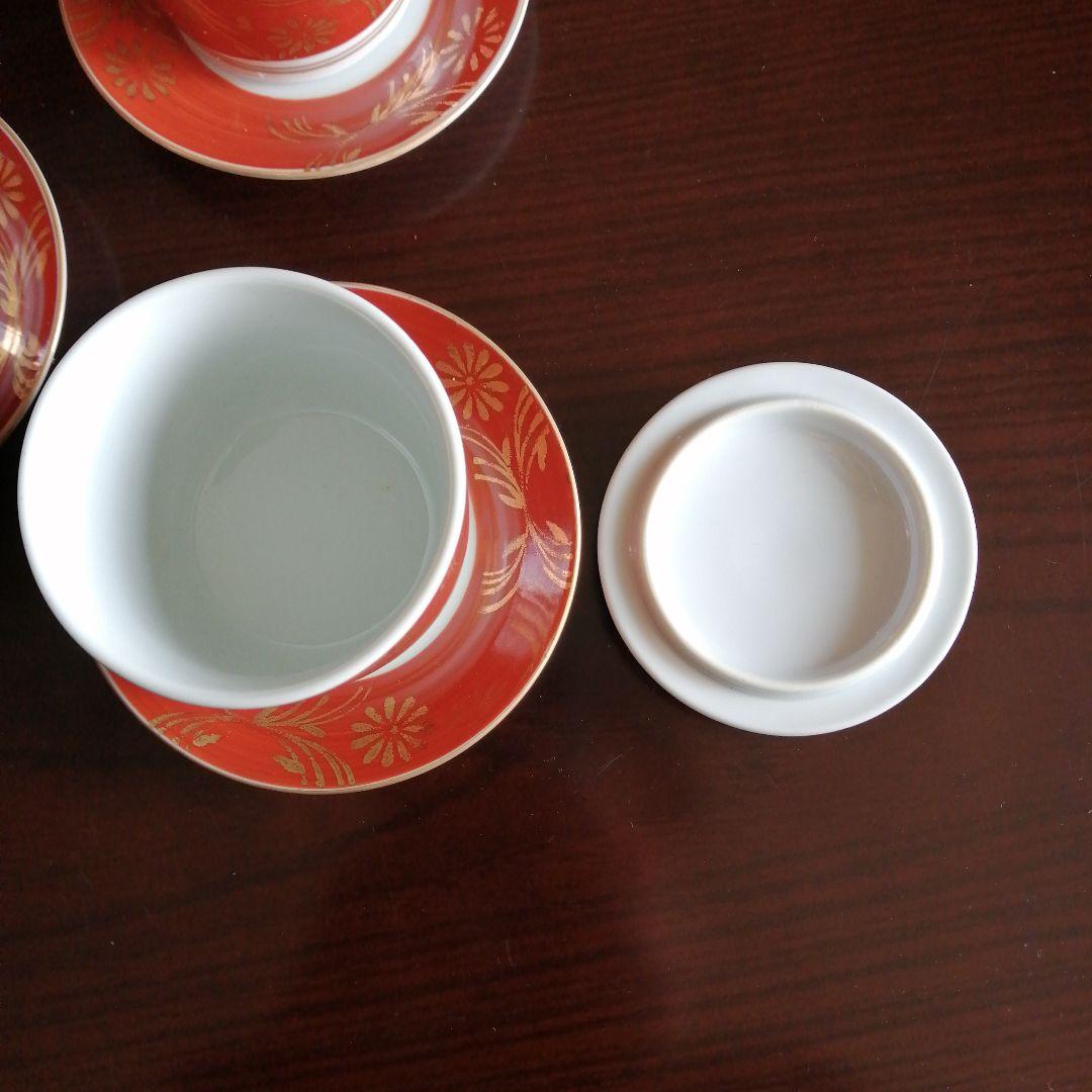 平戸三川内焼　十四代嘉泉　錦赤金彩流蒸茶碗　5客　7cm