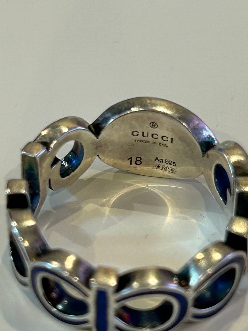 GUCCI シルバー ブルー ロゴリング　18号