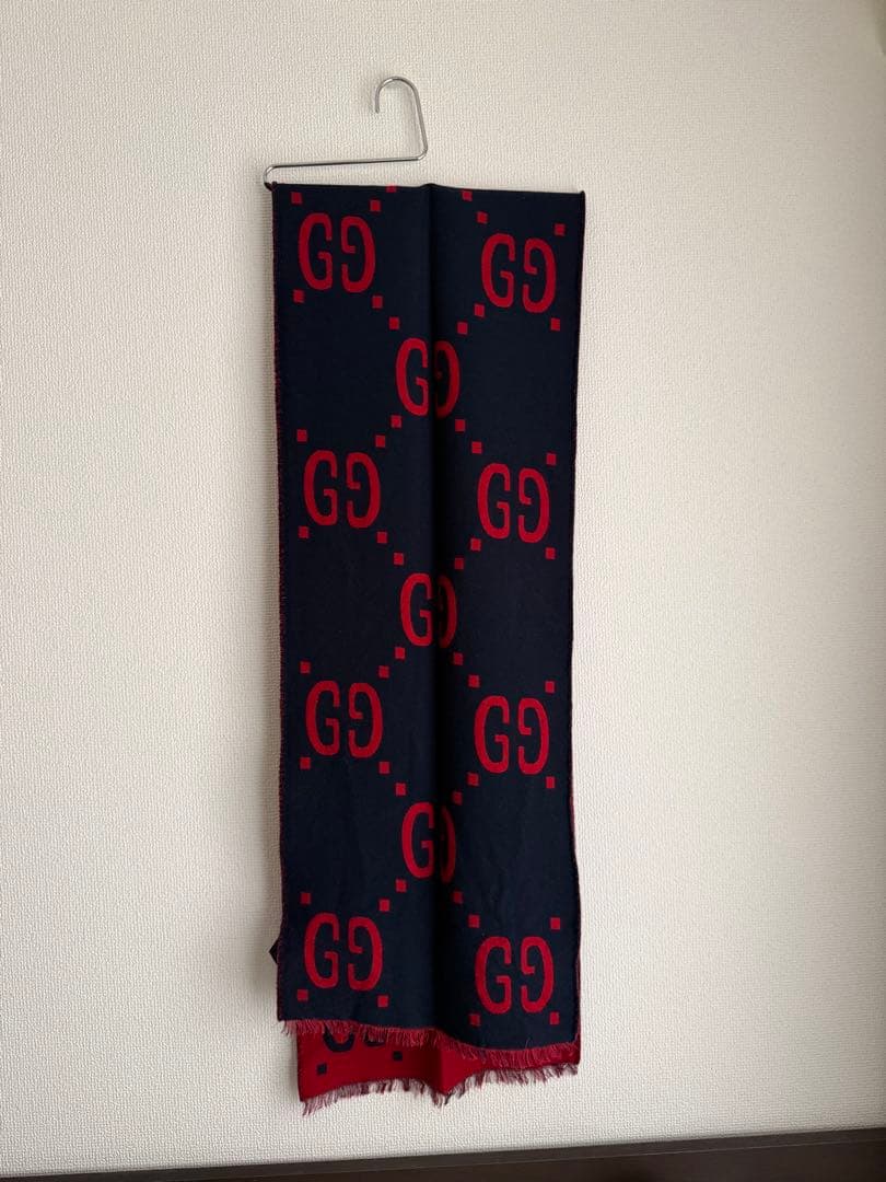 GUCCI GGジャカード ウールシルク スカーフ マフラーネイビー&レッド