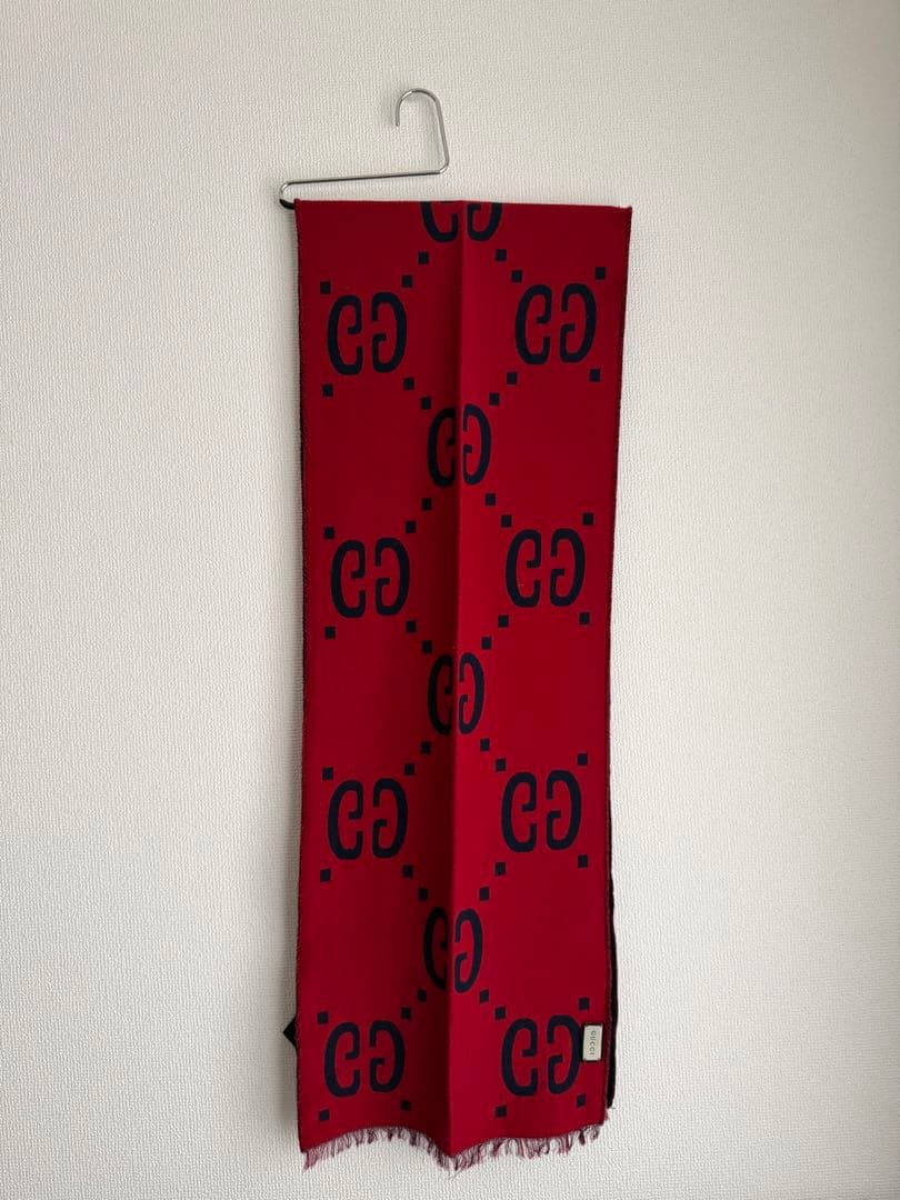 GUCCI GGジャカード ウールシルク スカーフ マフラーネイビー&レッド