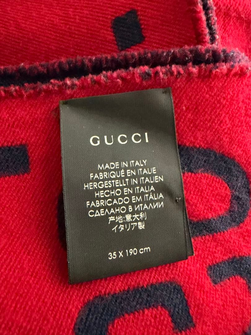 GUCCI GGジャカード ウールシルク スカーフ マフラーネイビー&レッド