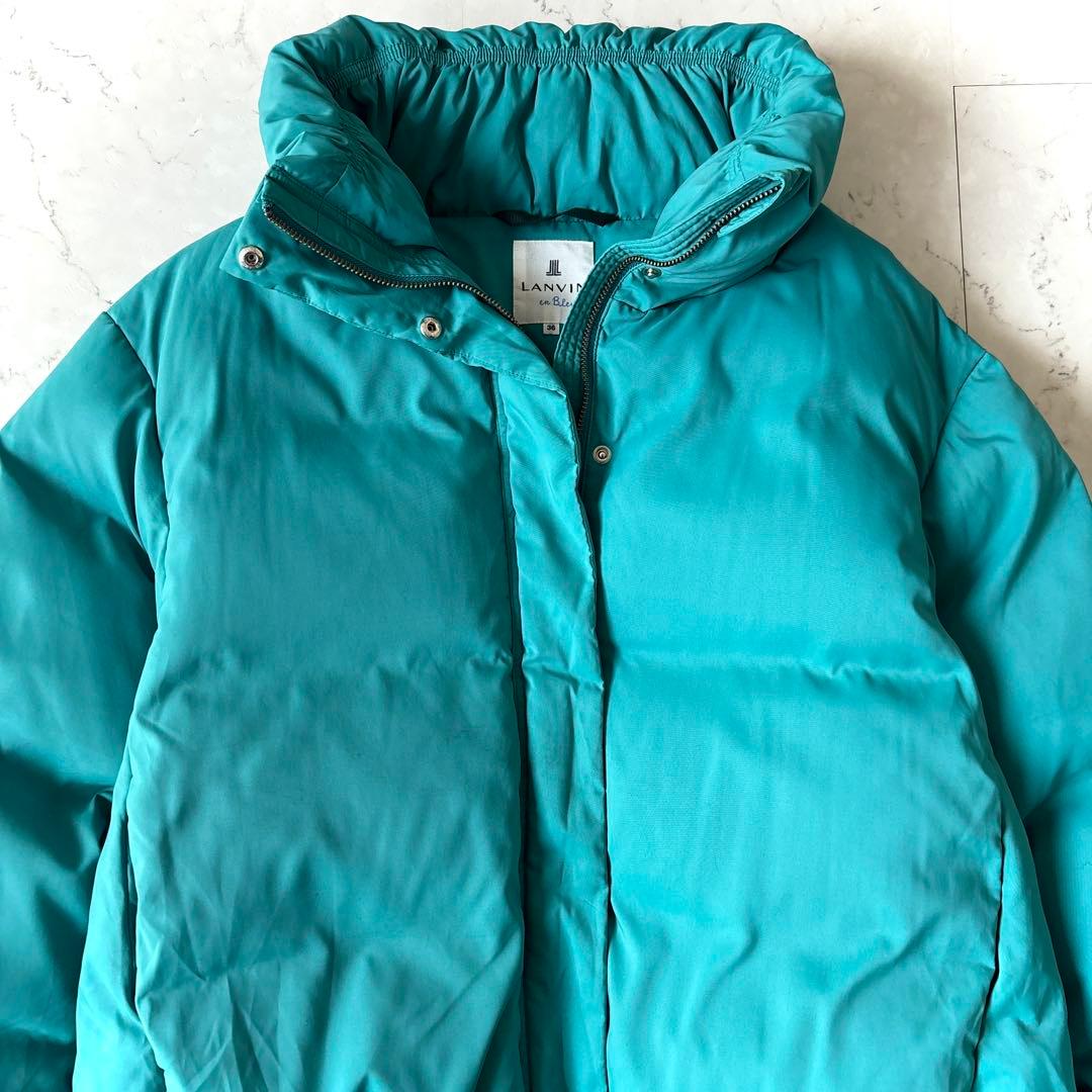 美品 ランバンオンブルー ショート丈ハイネックダウンジャケット ターコイズブルー