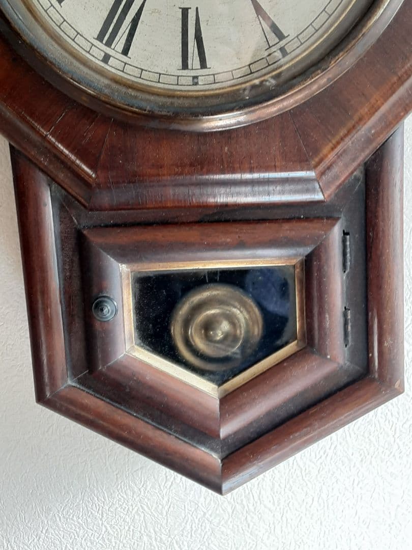 明治時代の八角形の柱掛時計、アメリカ製、機械式、ボンボン時計、調整済動作品