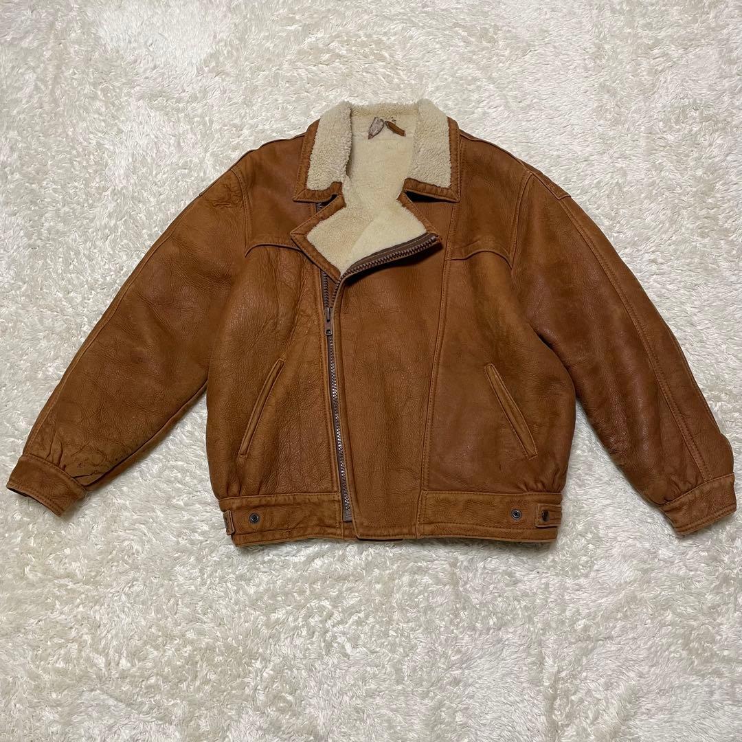 希少‼️USA製 ムートンライダースジャケット　ブラウンレザー　ダブル　ボア襟付き