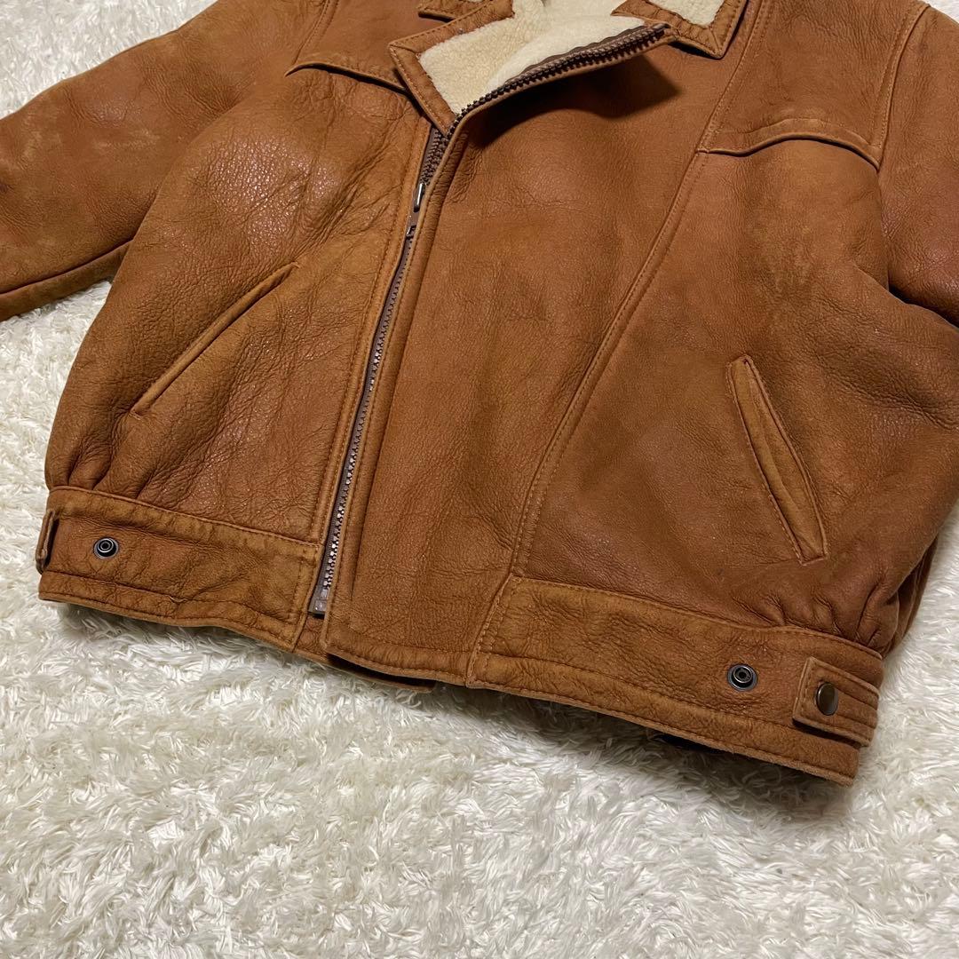 希少‼️USA製 ムートンライダースジャケット　ブラウンレザー　ダブル　ボア襟付き