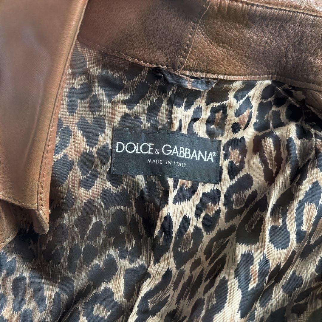 DOLCE&GABBANAブラウン レザー ロングコート ヒョウ柄裏地40M