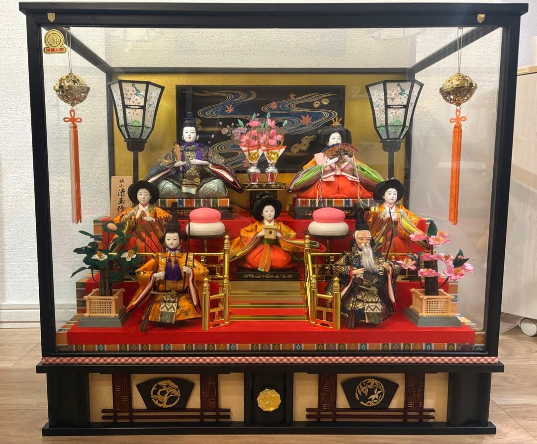 雛人形セット ガラスケース付き　オルゴール　狭山清玉作　ぼんぼり