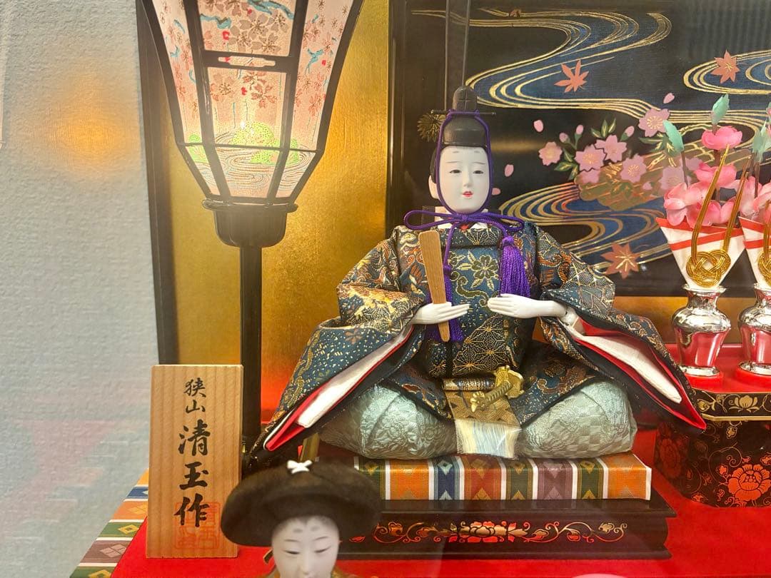 雛人形セット ガラスケース付き　オルゴール　狭山清玉作　ぼんぼり