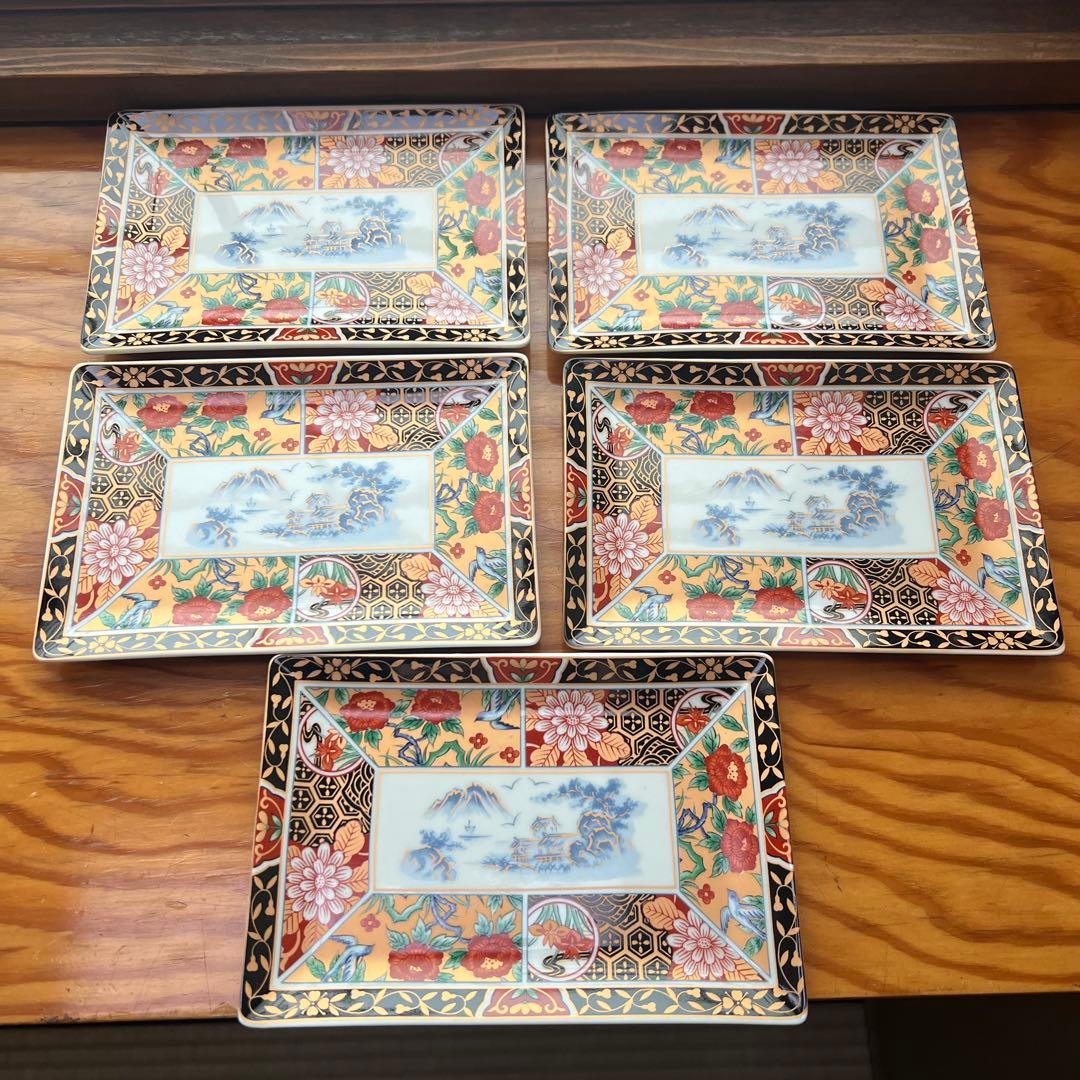 有田焼　弥生窯　角皿　金彩色絵　5枚セット　古伊万里　色絵　丸紋　銘々皿