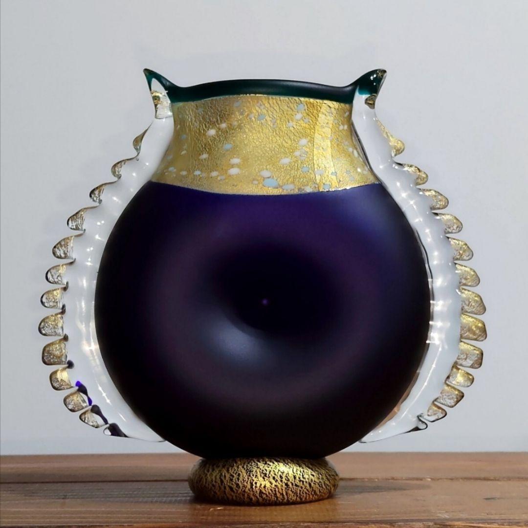 現代の名工 黒木国昭作 金彩 羽付き えくぼ 花瓶 フラワーベース 壺 花器