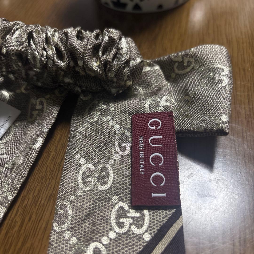 GUCCI グッチ　GG シルクジャカード シュシュ　リボン　ブラウン