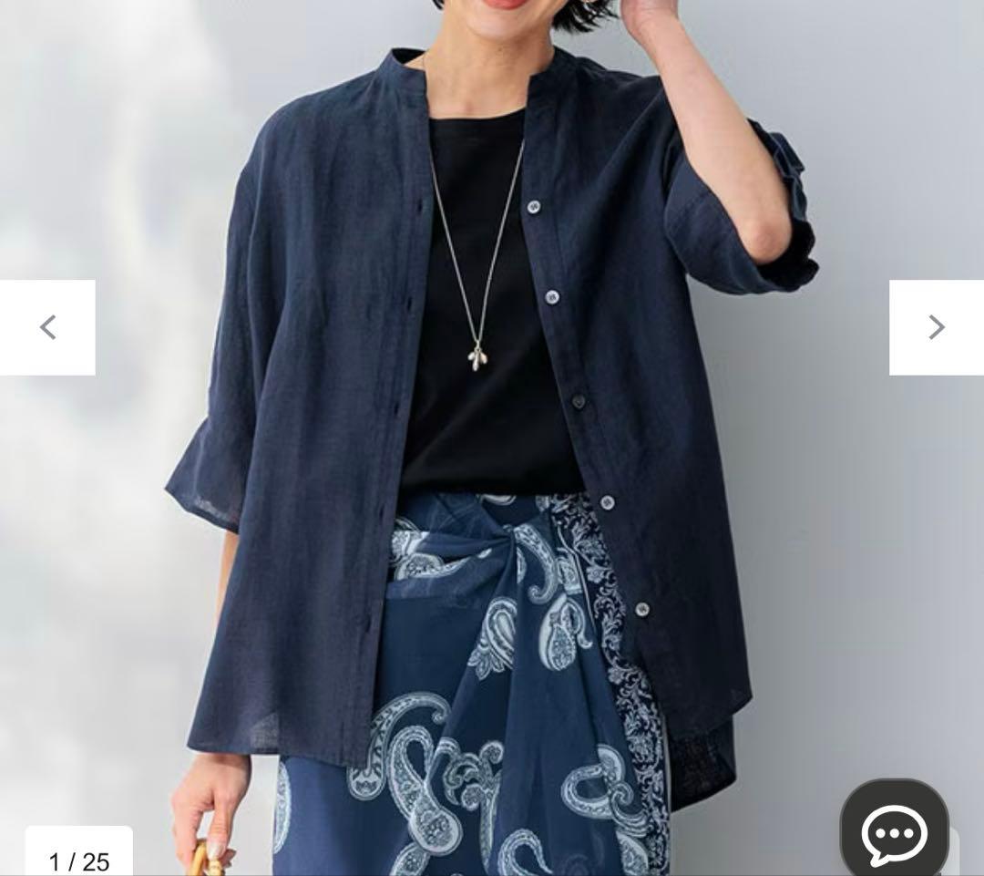 23区 LIBECOリネン デザインスリーブ ブラウス 38 ネイビー