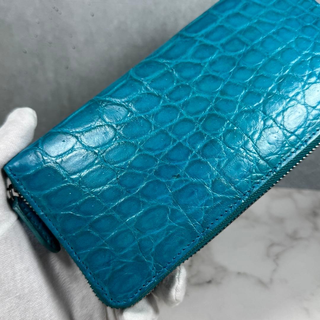 クロコダイル 長財布 ターコイズブルー マット仕上げ シルバーファスナー