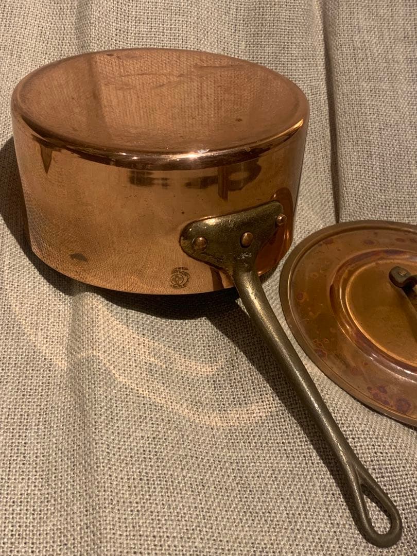 フランスビンテージ 蓋付き 銅製深型 16cm ソースパン 刻印入りg-25