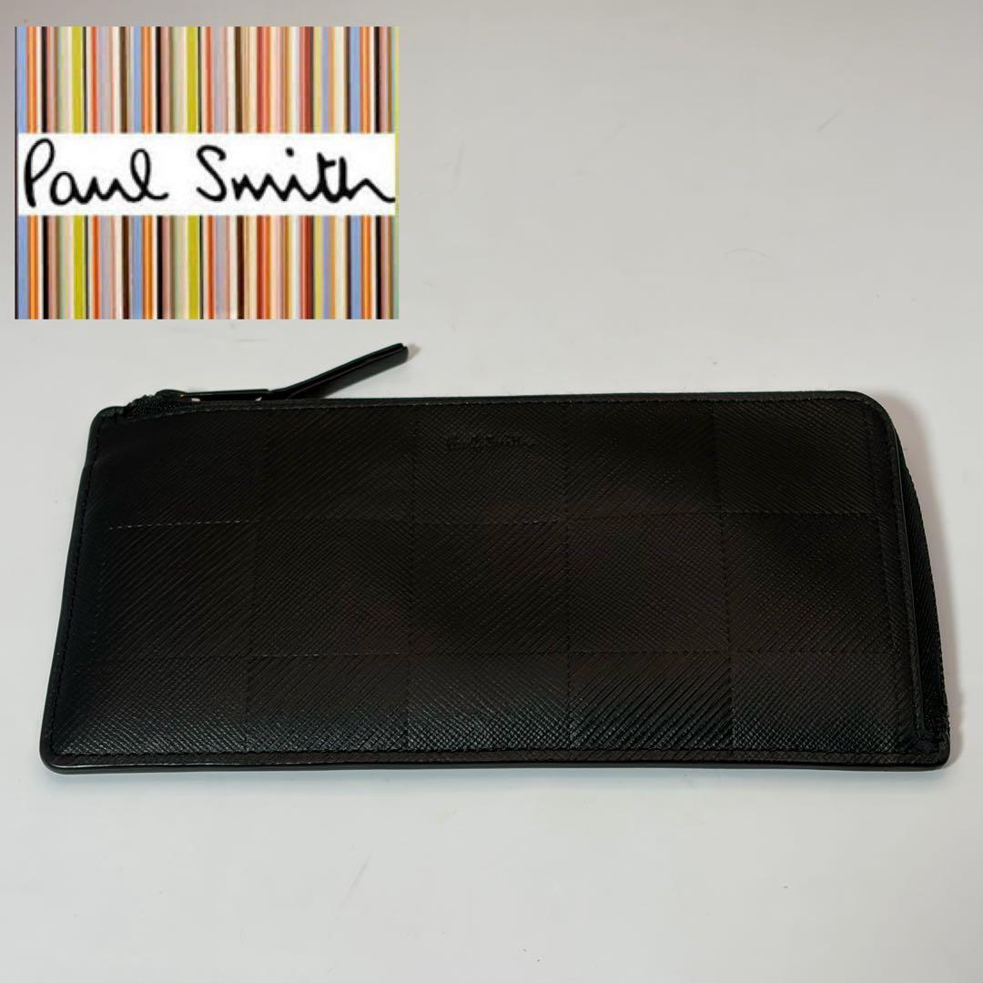 【美品】ポールスミス　L字ファスナー　長財布　チェッカーエンボス　黒