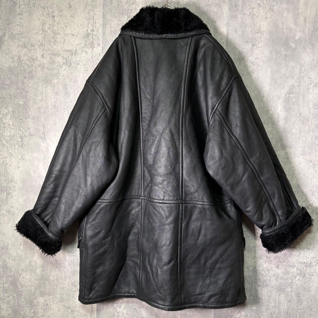 極上 イタリア製 リアル ムートン コート 黒 本革 shearling