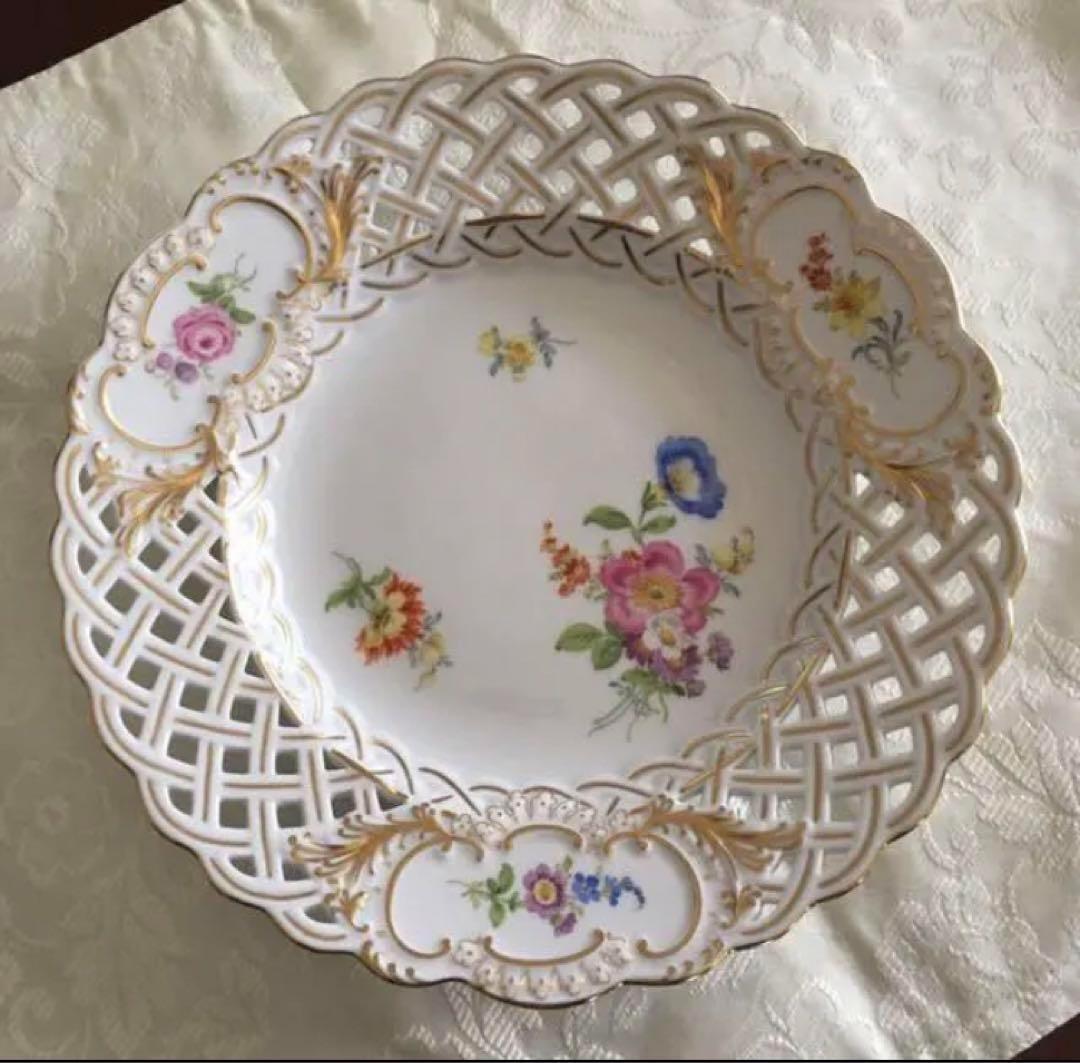 マイセンMeissen フラワー金彩プレート メッシュ透かしレース花柄 21cm