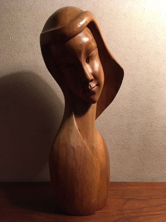 50s ビンテージ 木彫り 彫刻 女性像 胸像 バスト ハンドメイド 当時物