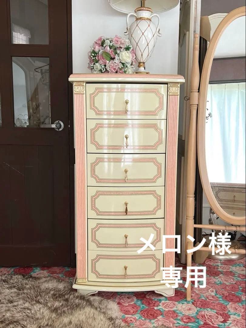 k412r120 イタリア製 ロココ調ハイチェスト スリム 6段 白家具 姫系