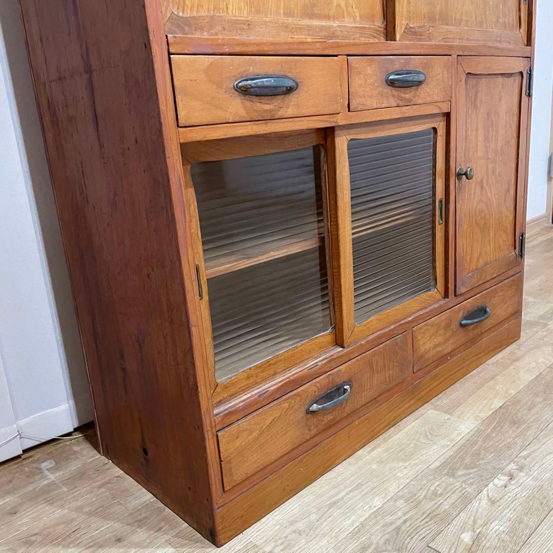 昭和 レトロ　戸棚　モールガラス　食器棚　本棚　アンティーク　当時物　水屋