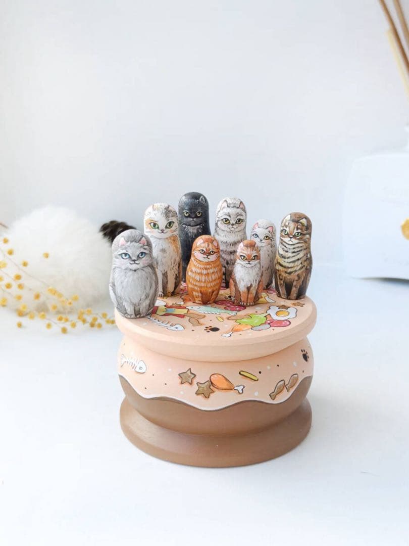 ロシア雑貨☆ネコキット猫８匹&特製Box マトリョーシカ マルガリータ作