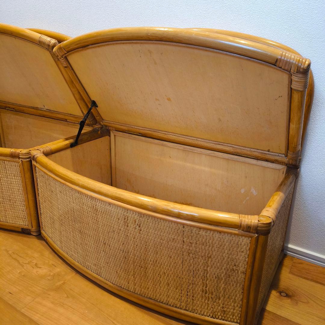【2個セット】古家具 ビンテージ 籐 オールドラタン 収納型 ボックスベンチ