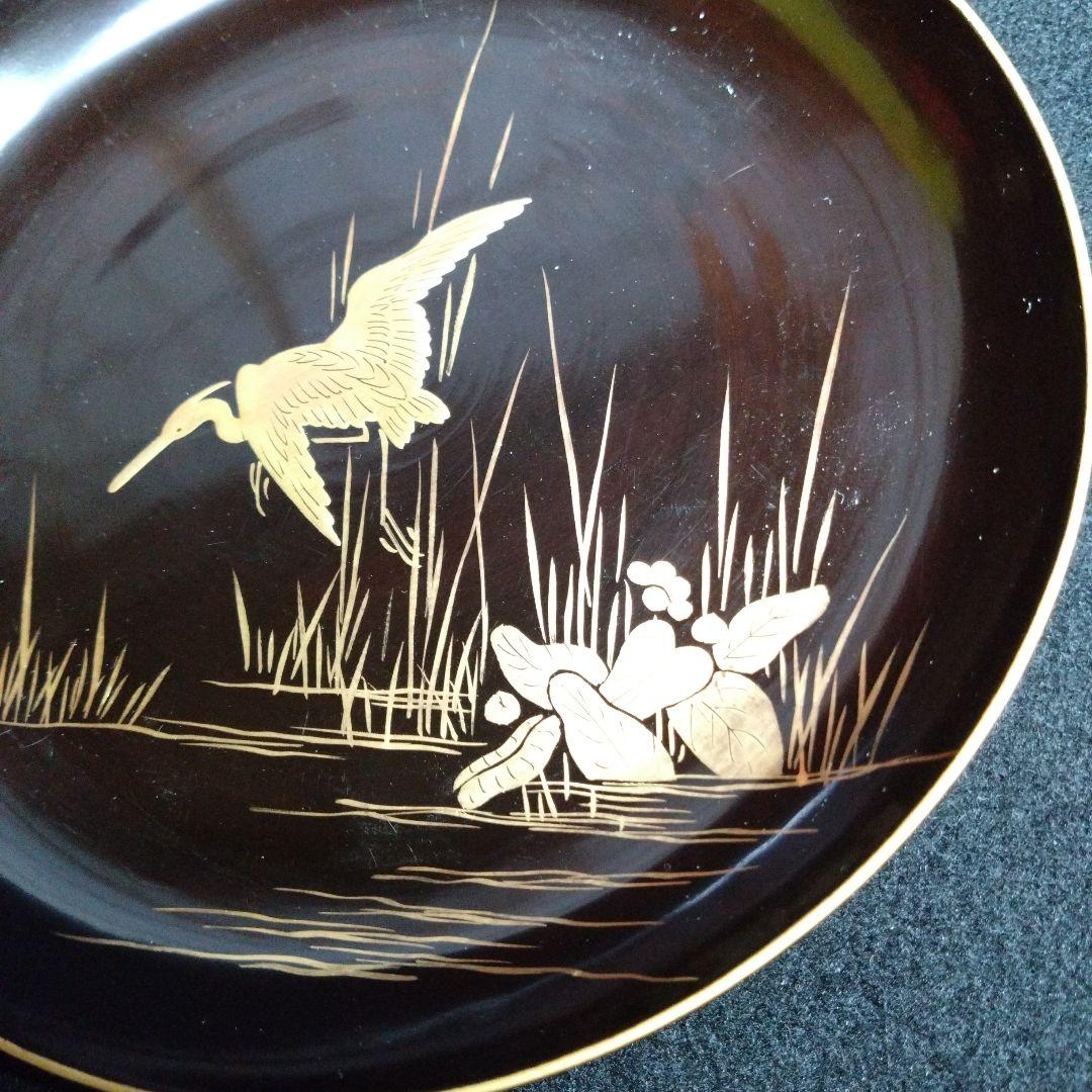 【漆器】輪島塗　江戸期　金蒔絵　金縁　本漆塗　天然木　白鷺紋様　水辺を飛立つ白鷺