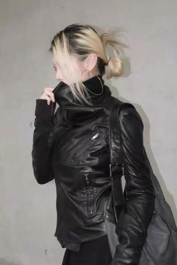 Rick Owens黒いレザージャケット ハイネックデザイン L