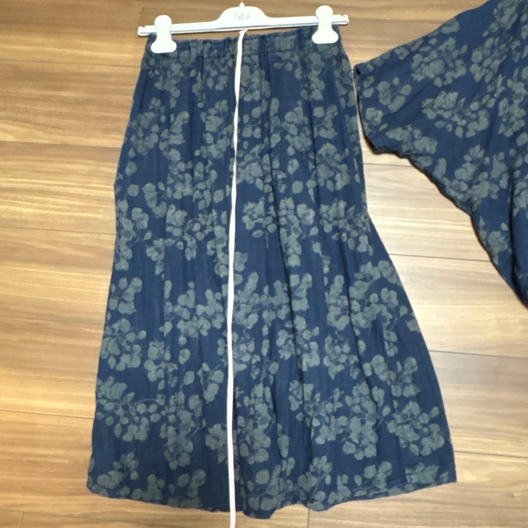 Bluetrickインディゴ花柄 ガーゼスカートインディゴ　スカート　クラシック