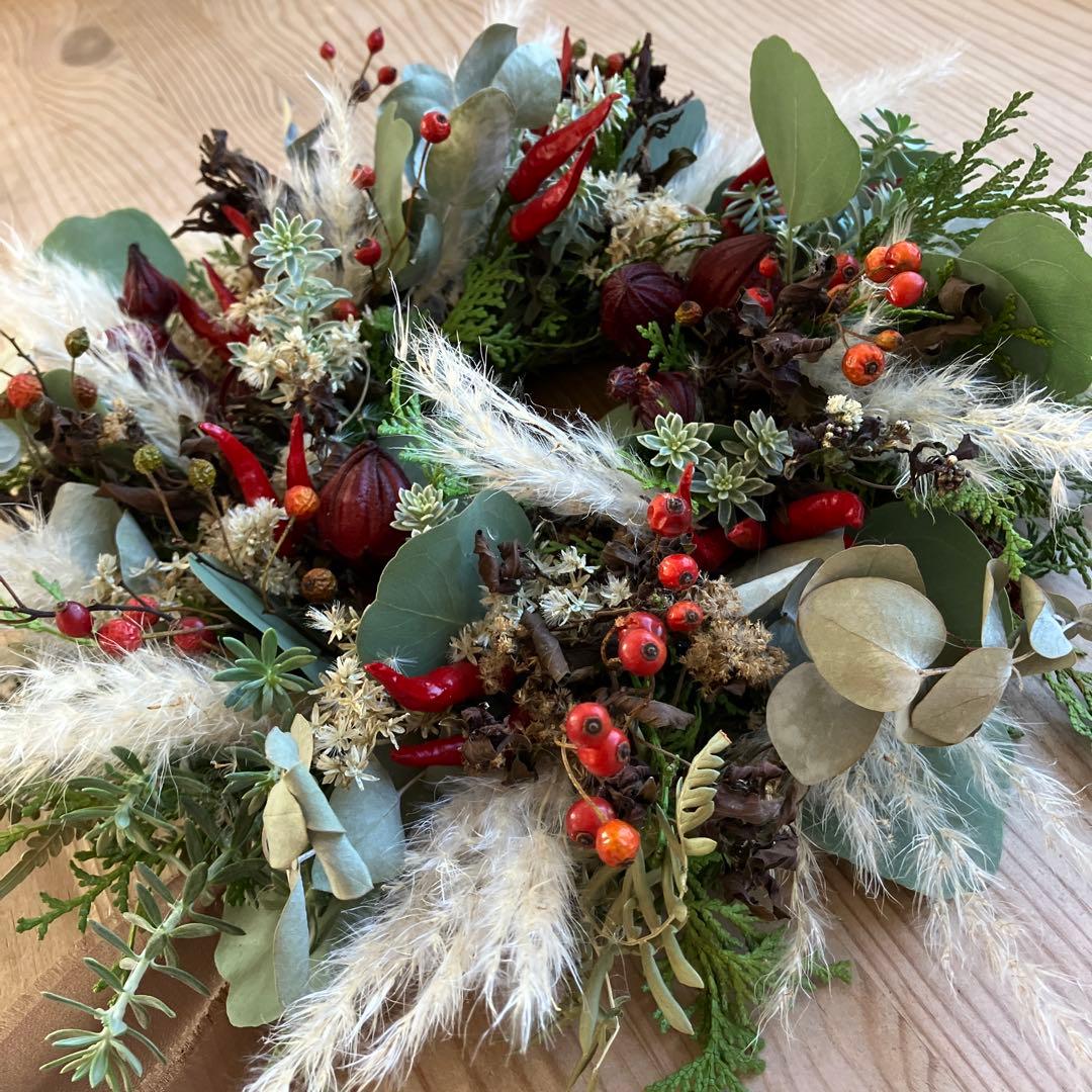 大きめ　ローゼルと唐辛子のリース　ユーカリ　パンパスグラス　秋〰️クリスマス